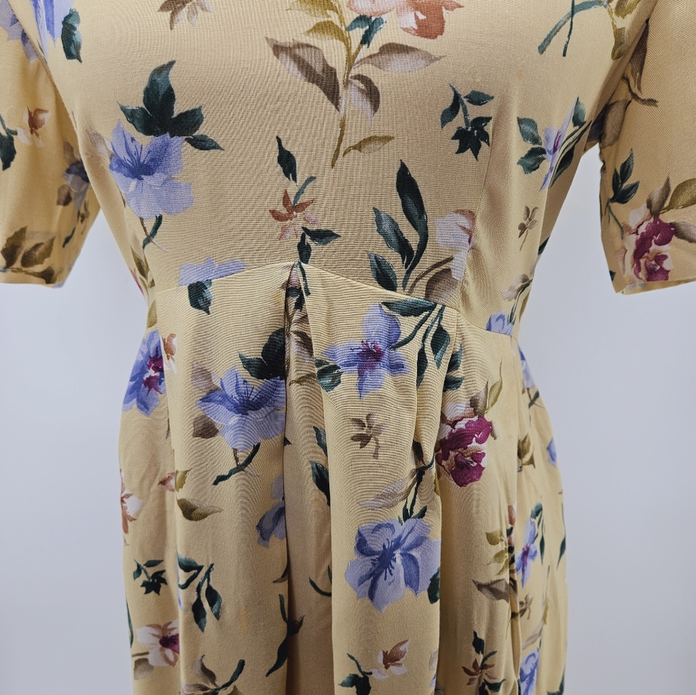 Vintage Prairie Cottagecore Floral Midi Dress Yellow Lace Collar Empire Waist 8 - Picture 10 of 13
